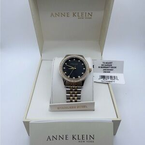 Anne Klein 12/7743BMTT Women's Crystal Accent Black MOP Dial Watch 36mm - NEW